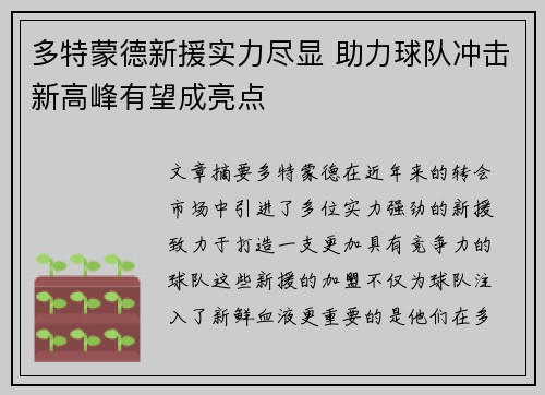 多特蒙德新援实力尽显 助力球队冲击新高峰有望成亮点